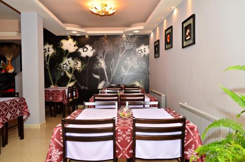 阿巴纳西Family Hotel Maraya的餐厅的一排桌子,上面有红白桌布