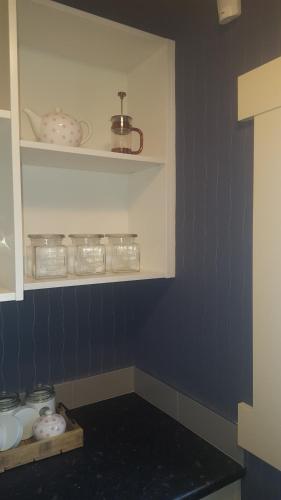 因弗卡吉尔64Lewis的厨房拥有蓝色的墙壁和摆放着餐具的架子。