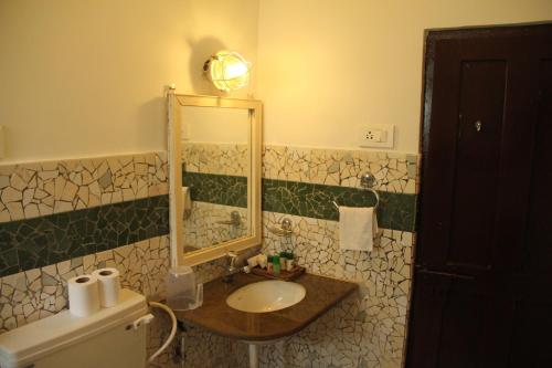 帕纳吉潘吉姆文物迎宾旅馆的一间带水槽、镜子和卫生间的浴室
