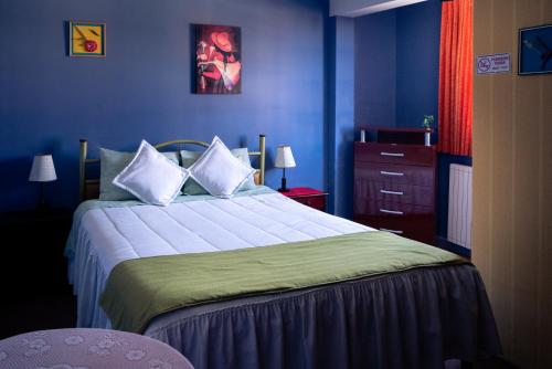乌尤尼托尼托酒店的一间卧室配有一张带蓝色墙壁的大床