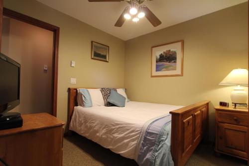 惠斯勒Lagoons Condos by Whistler Retreats的一间卧室配有一张床和一台平面电视