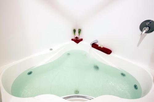 汉默温泉Settlers Boutique Motel的白色浴缸及红色水龙头