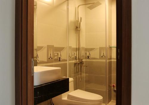芽庄DORADO HOTEL的带淋浴、卫生间和盥洗盆的浴室