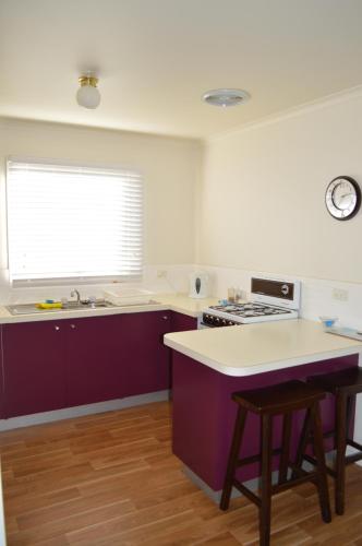 罗斯巴德Waterfall Cottage的厨房配有紫色橱柜、水槽和窗户