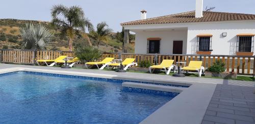 阿洛拉Villa Rural El Mirador的一座带黄色椅子的游泳池