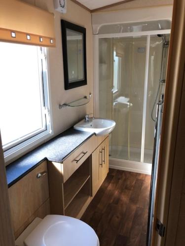 斯凯格内斯Gold Standard Caravan on South View Park的浴室配有卫生间、盥洗盆和淋浴。
