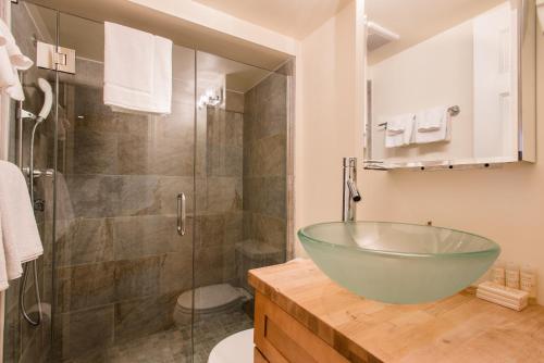 波士顿Copley House的一间带玻璃碗水槽和淋浴的浴室