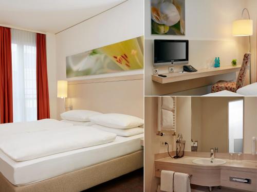 慕尼黑慕尼黑H+酒店的两张图片的酒店客房 - 带一张床和一个水槽