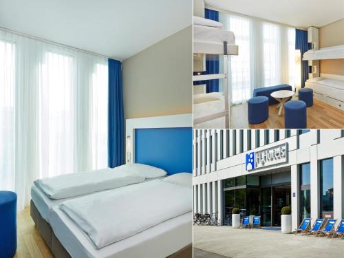 慕尼黑H2 Hotel München Messe的一张床位的卧室和一家酒店的两张照片