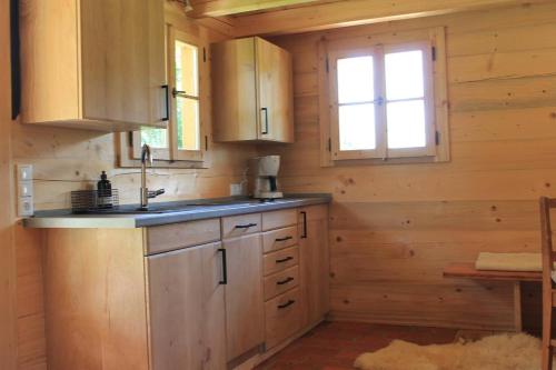 KirchanschöringHolzchalet的厨房配有木制橱柜、水槽和窗户。