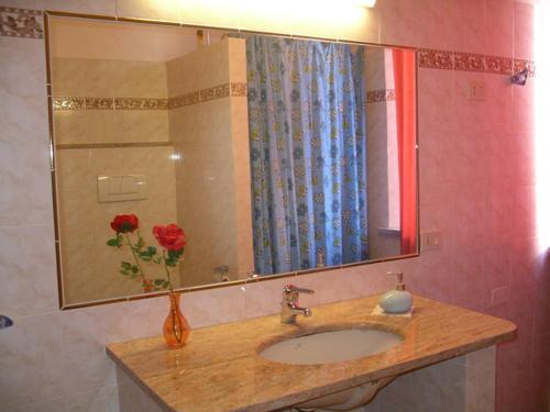 卢卡德拉罗萨阿菲卡梅瑞酒店的浴室水槽设有镜子和玫瑰花花瓶