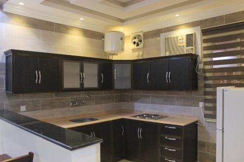 比沙堡Dar Al Jood Hotel units的厨房配有黑色橱柜和白色冰箱。
