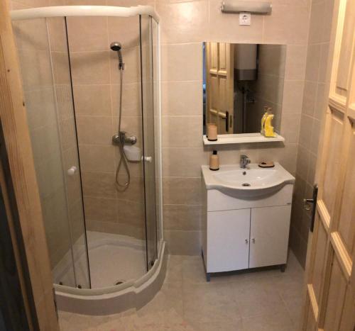 考波什堡Arany Apartman Kaposvár的带淋浴和盥洗盆的浴室