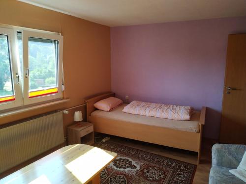 GönnernFerienwohnung Gönnern - Marburg Biedenkopf mit 5 Zimmer - 2 Badezimmer的一间小卧室,配有床和窗户