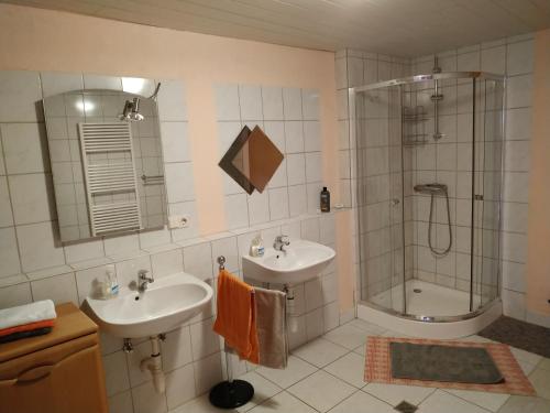 GönnernFerienwohnung Gönnern - Marburg Biedenkopf mit 5 Zimmer - 2 Badezimmer的一间带两个盥洗盆和淋浴的浴室