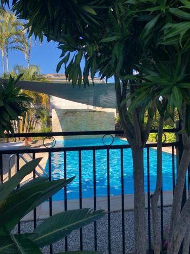 麦凯乡村广场汽车旅馆的从度假村的阳台上可欣赏到游泳池的景色