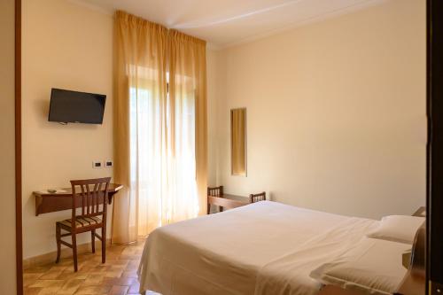 罗马卡普其尼酒店的一间卧室配有一张床、一张书桌和一台电视