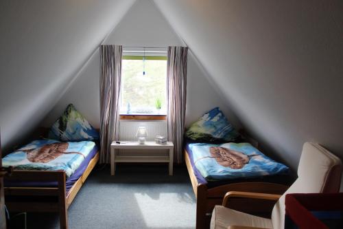 WangelsOstsee-Ferienwohnung-Nautikuss的阁楼间 - 带两张床和窗户
