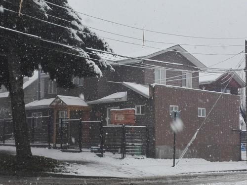 科伊艾科Donde Lupe的一条有积雪覆盖的街道,有建筑物和电源线