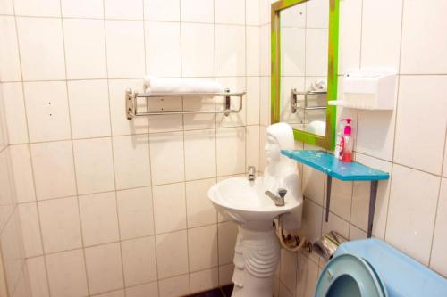 LyamutundweComfort Hotel Entebbe的一间带水槽、镜子和卫生间的浴室