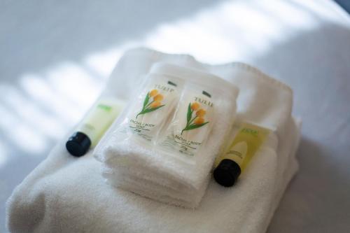 Victor维克多酒店 的毛巾上贴上两瓶肥皂