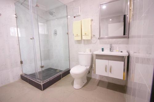 伊凯贾Galpin Suites的带淋浴、卫生间和盥洗盆的浴室