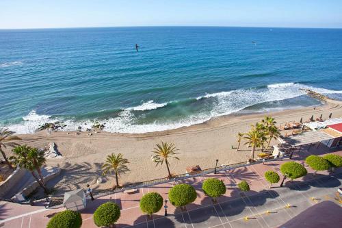 马贝拉Ona Princesa Playa的享有棕榈树海滩和大海的空中景致