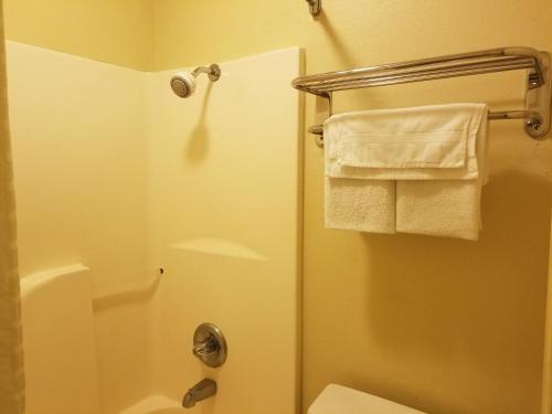 舍科塔Stay Inn Checotah的带淋浴、卫生间和毛巾的浴室