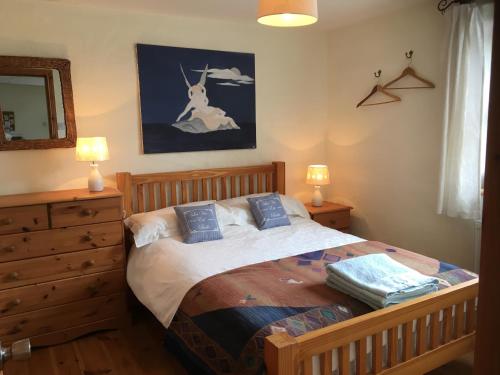 瓦伦西亚岛Restored School Master’s House的一间卧室配有一张带两个蓝色枕头的木床