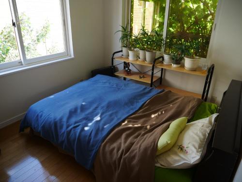 札幌Minpaku Mon的一间卧室配有一张带蓝色床单和盆栽的床铺。