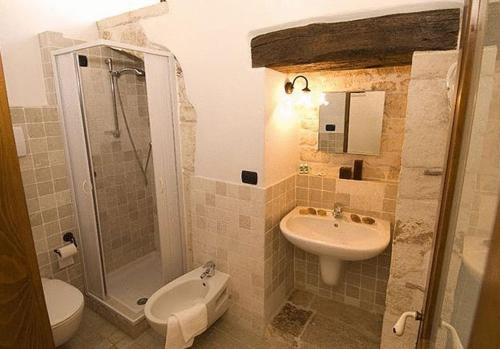 孔韦尔萨诺德埃齐亚宫酒店的带淋浴水槽和卫生间的浴室