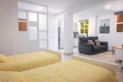 洛斯·亚诺斯·德·阿里丹Apartamentos Los Laureles的一间卧室配有两张床、一张沙发和一把椅子