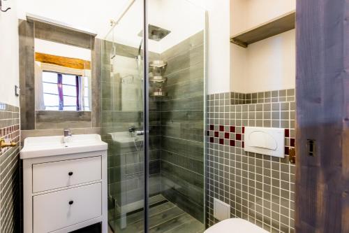蒂米什瓦拉Rustic Apartment in the Historical Center的带淋浴、卫生间和盥洗盆的浴室