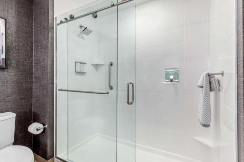 密尔沃基Cambria Hotel Milwaukee Downtown的浴室里设有玻璃门淋浴