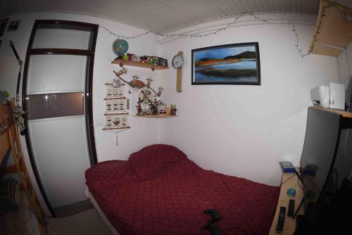 博希尼Casa Bohinj的一间小卧室,房间内设有一张红色的床