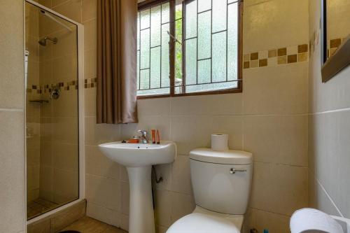 圣卢西亚莎娜朗佳山林小屋的一间带卫生间、水槽和窗户的浴室