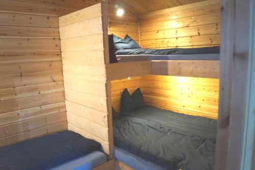 JerfojaurMyrkulla Lodge的小木屋配有两张双层床。