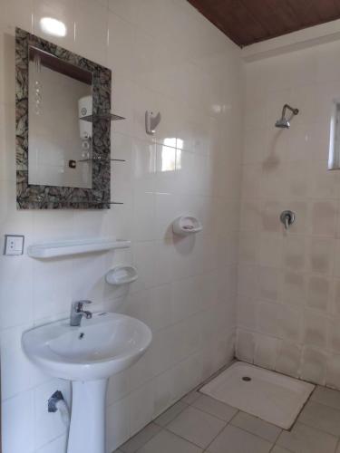 拉利贝拉Merkeza Guest House的白色的浴室设有水槽和镜子