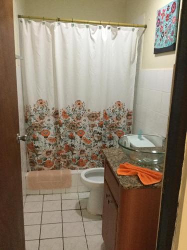 法哈多苏诺斯德尔马尔酒店的带淋浴帘和卫生间的浴室