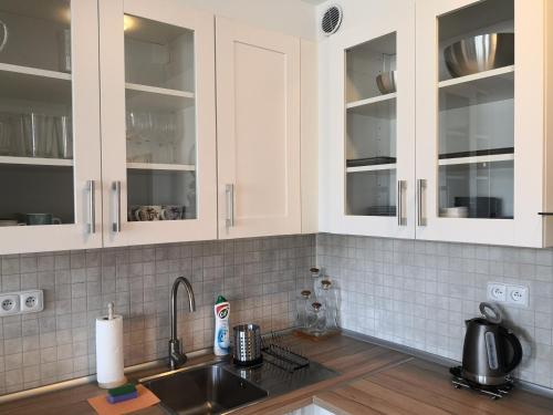 切拉德纳Apartment Čeladná的厨房配有白色橱柜和水槽