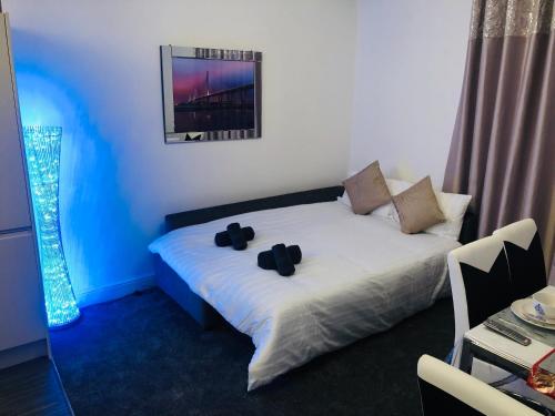 邓弗姆林Dunfermline High Street Flat Ideal For Edinburgh& St. Andrews的一间卧室配有一张带两个枕头的床