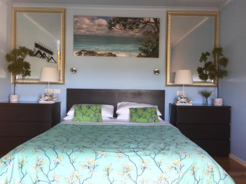 雅纳基黑大冠鹦鹉小屋酒店的一间卧室配有一张大床和两盏灯