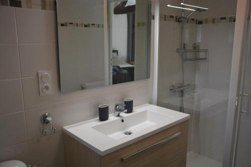 ValeillesDomaine de Merugat Chambre d'Hôtes的浴室配有盥洗盆和带镜子的淋浴