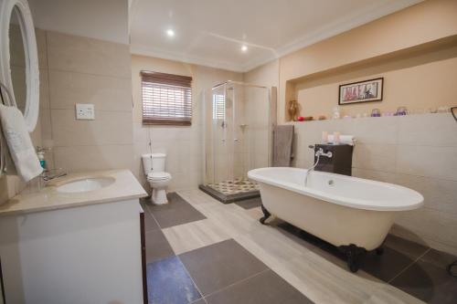约翰内斯堡The Afropolitan的带浴缸、盥洗盆和卫生间的浴室