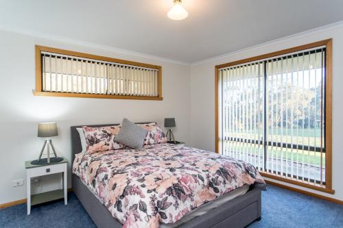 Acton ParkActon Park Holiday Units的一间卧室设有一张床和一个大窗户