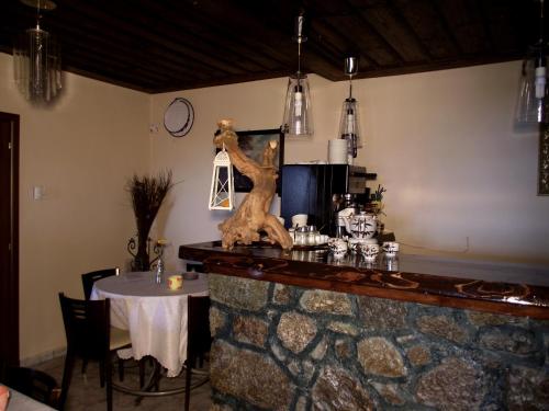 奥吉欧司吉玛洛斯Panorama Prespes的一间带桌子和石制柜台的用餐室