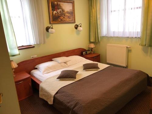 什切青普德赛酒店的一间卧室配有一张大床和两个枕头
