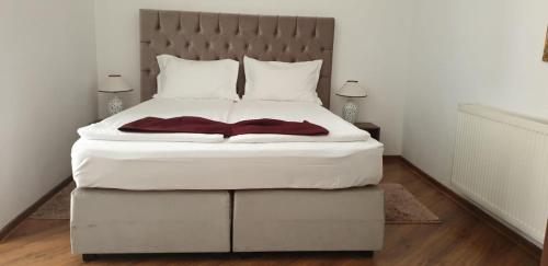 莫内亚萨Pensiunea Mayumi Moneasa的卧室配有白色床单和白色大床