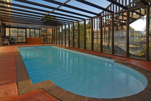 纳皮尔信天翁汽车旅馆的一座大型游泳池,位于一座带窗户的建筑内