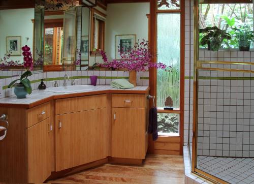 沃尔卡诺Volcano Rainforest Retreat的一间带水槽和镜子的浴室